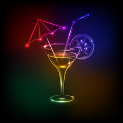 Neon cocktail . Glass with a drink .Night bar, restaurant.Vector illustration