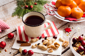 Christmas composition, studio shot, wooden background