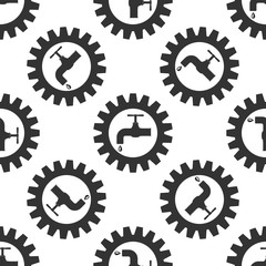 Gearwheel with tap sign as plumbing work logo icon seamless pattern on white background. Vector Illustration