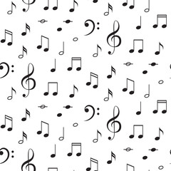 Musical notes seamless vector pattern. Black notes on white background.