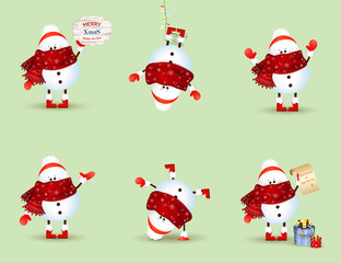 Snowman Collection. Snowman set isolated on green background. Vector illustration.