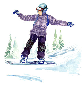 Kid snowboarding from mountain hill, hand painted watercolor illustration