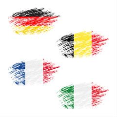 The Belgian, German, French and Italian flag in apperance streaks, set grunge flags, vector illustration