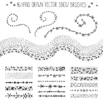 Winter snow brushes set.Christmas doodles.Black