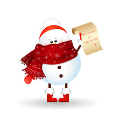 Сute Snowman holding a letter with the wishes of Merry Christmas and Happy New Year isolated on white background.. Vector cartoon illustration.