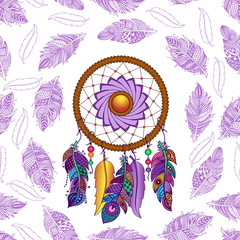 Hand drawn colored dreamcatcher seamless pattern