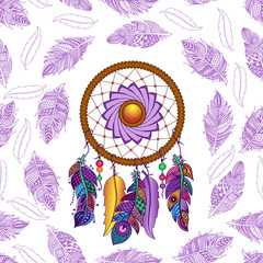 Hand drawn colored dreamcatcher seamless pattern