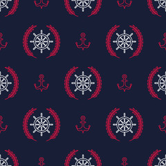Maritime mood pattern, Seamless nautical pattern with anchors and steering wheels