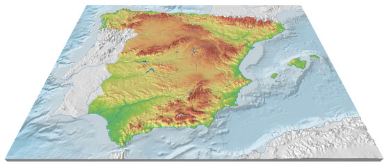 3D map of the relief of Spain with seabed. Espectacular Mapa 3D del relieve de España con fondo marino. Se marca con un punto la posición de la capital.