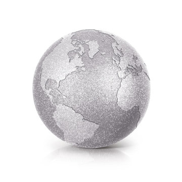 Silver Glitter globe 3D illustration North and South America map on white background
