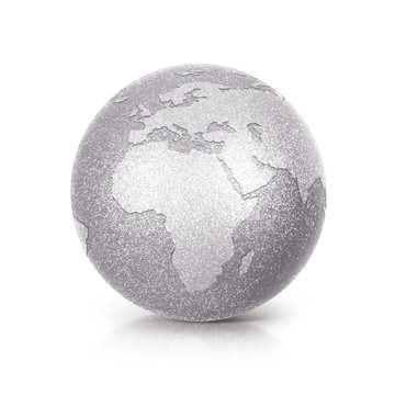 Silver Glitter globe 3D illustration europe and africa map on white background