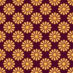 Seamless pattern with yellow precious gem Topaz in shape of shining sun from different cuts on dark claret background