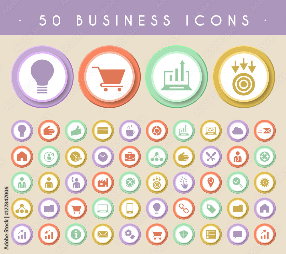 Aufkleber set of 50 business icons on colored circular buttons. vector isolated elements.