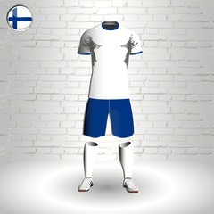 eps 10 vector football Finland team player uniform template. National colors sportwear. Finnish flag button chrome ring. Brick wall background