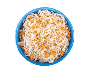 Bowl of instant noodles isolated on white background.