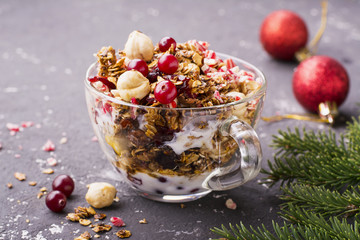 Home fresh crunchy granola with hazelnuts, dried cranberries, Christmas candy stick Santa Claus, in a transparent cup  milk on  festive breakfast in the family circle. Against the background of  tree