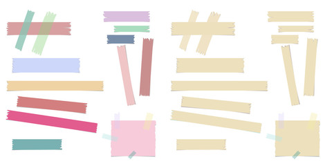Multiple pieces of colorful and beige sticky tape in different shapes on white background - 127847449