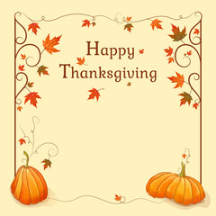 Naklejka premium Happy Thanksgiving. Template for your design. Frame with colorful autumn leaves of oak and pumpkins. Vector illustration.
