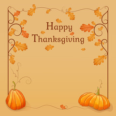Naklejka premium Happy Thanksgiving. Template for your design. Frame with colorful autumn leaves of oak and pumpkins. Vector illustration.