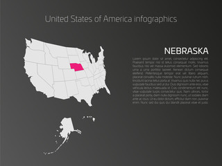 Fototapeta na wymiar United States of America, aka USA or US, map infographics template. 3D perspective dark theme with pink highlighted Nebraska, state name and text area on the left side.