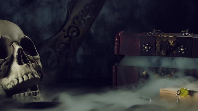 4k Abstract Halloween Background Composition with Skull, Smoke pouring from box