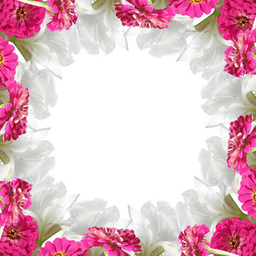 Beautiful floral background of white irises and pink tsiny 
