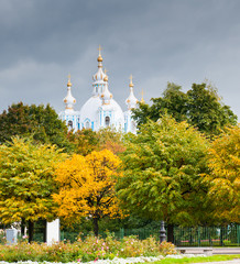 Smolny Cathedral in autumn day, Saint Petersburg, Russia