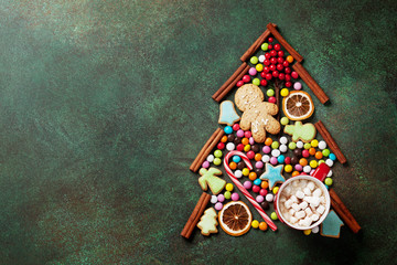 Candy, cookie and cinnamon christmas tree shape