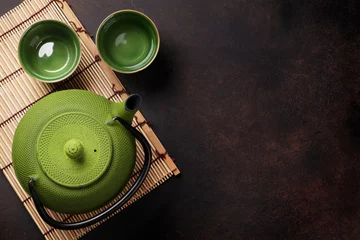 Photo sur Plexiglas Theé Green teapot and tea cups