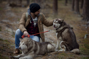 young handsome attractive bearded model man with his two dogs in forest. Casual man, life style. Beautiful view on forest