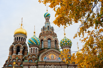 Obraz premium The Church of the Savior on Spilled Blood (Spasa na Krovi) at autumn day