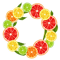 Frame with citrus fruits slices. Mix of lemon lime grapefruit and orange