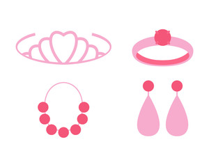 Tiara, ring, bead, earrings - ponk jewelry collection. vector illustration.
