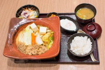 Japanese lunch set in wooden bowls