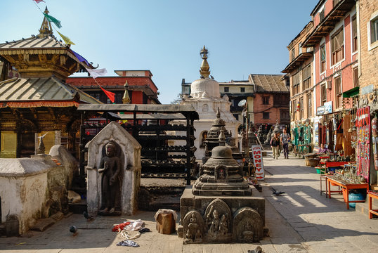 Medieval buildings and structures surrounding Swayambhunath stupa in the temple complex