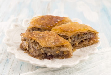 Homemade baklava dessert on a plate