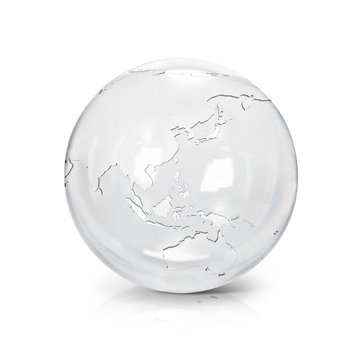Clear glass globe 3D illustration Asia & Australia map on white background