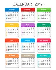 2017 Calendar in vertical style. Illustration Vector template of color 2017 calendar on white background.