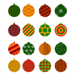 Balls for the Christmas tree. Decorating with ornaments for the New year holidays. Flat style. Bright green, red and orange. Vector illustration.
