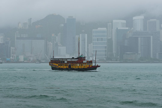 Hong Kong skyline in the rainy season with smog cloud