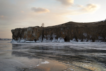 Icy rocks, shore of lake Baikal in winter