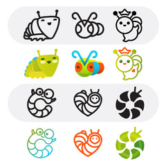 Funny caterpillars. Set of vector caterpillar signs. Line art and cartoon style symbols. Good for logotype, icons or symbols of children projects.
