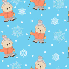 Seamless pattern. Cartoon Teddy Bear wearing a hat, jacket and jeans skiing vector illustration. Colorful seamless background with bear.
