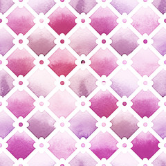 Wilton trellis pattern with quatrefoil of purple colors on white background. Watercolor seamless pattern