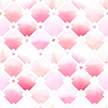 Wilton Trellis Pattern With Quatrefoil Of Pink Colors On White Background. Watercolor Seamless Pattern