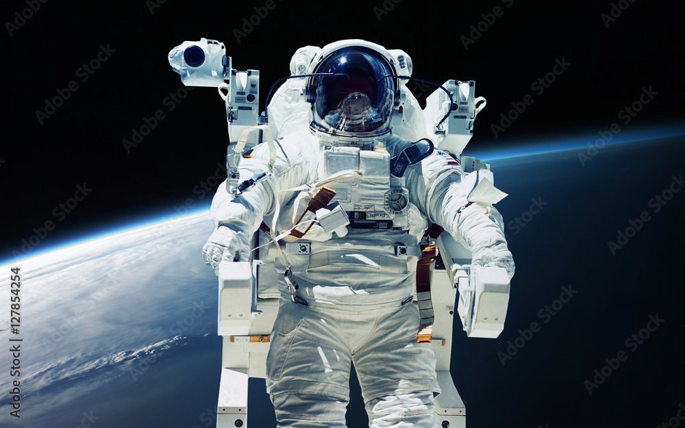 Wall mural earth planet and astronaut in space ship window porthole. elements of this image furnished by nasa