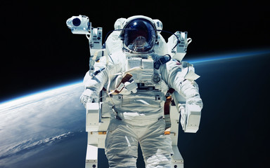 Earth planet and astronaut in space ship window porthole. Elements of this image furnished by NASA © Vadimsadovski