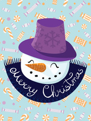 Vector Christmas illustration. Poster with a cartoon happy snowman wearing hat. The inscription New Year. Letterning. Portrait of snowmen. Doodle. Drawing by hand.