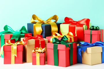 Gift boxes with ribbon on white background