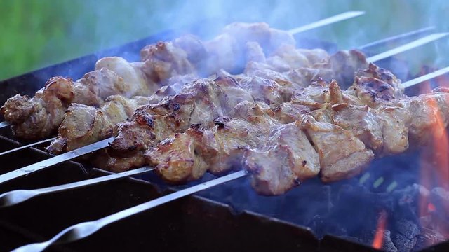 Shish Kebabs On Skewers. Kebab On The Grill With Smoke. 
